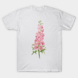 pink larkspur flowers watercolor and ink T-Shirt